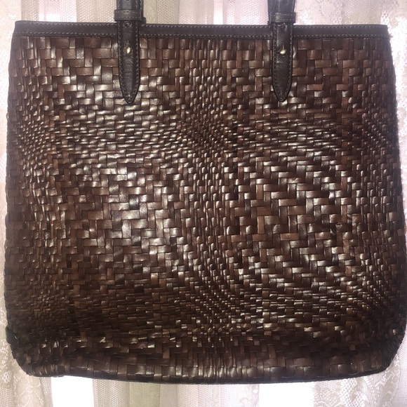 COLE HAAN-BEAUTIFUL BROWN LEATHER WEAVED LG TOTE! - Picture 1 of 10